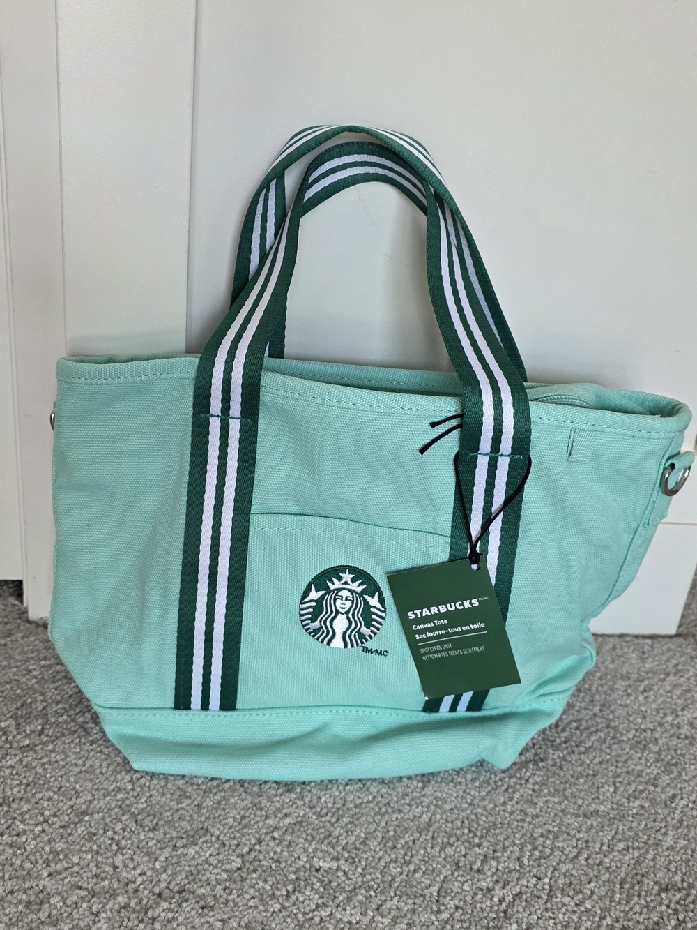 Starbucks Mint Green Canvas Tote with Striped Green Handles